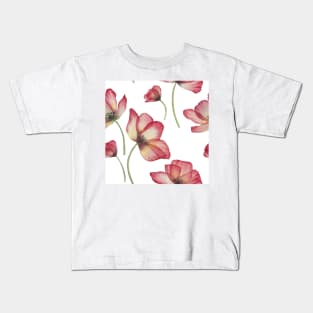 Red translucent Poppies watercolor print. Transparent Poppy flower romantic composition Kids T-Shirt